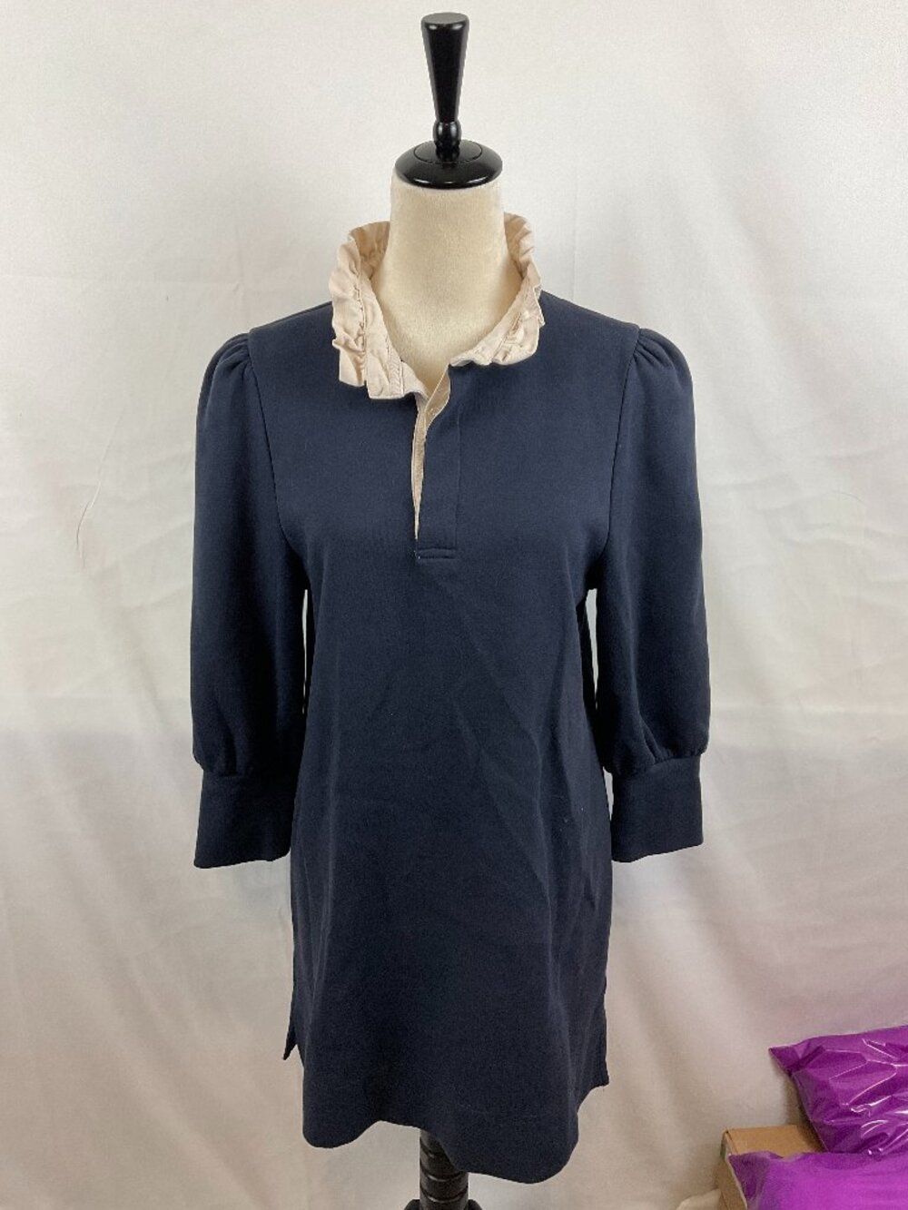 Pomander Place Shirt-Dress S Navy Blue Cream Ruffle Collar 3/4 Puff Sleeve